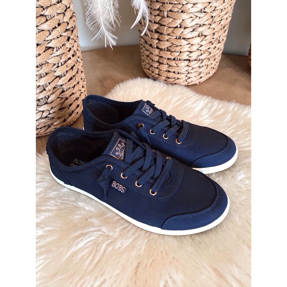 Skechers Bobs B Cute Navy White Womens Slip On Memory Foam Comfort Shoes Sz 7